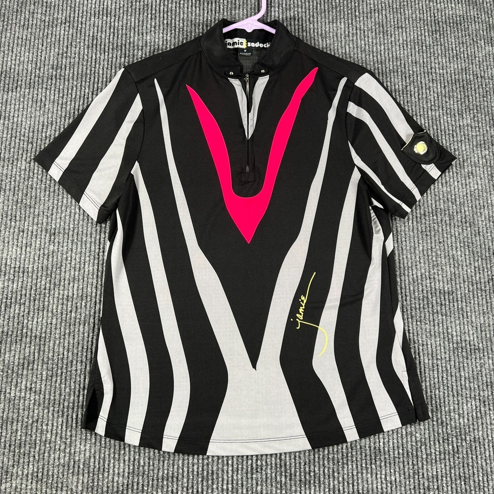 Jamie Sadock Womens Shirt Medium Short Sleeve 1/4 Zip Black Striped Golf Tennis